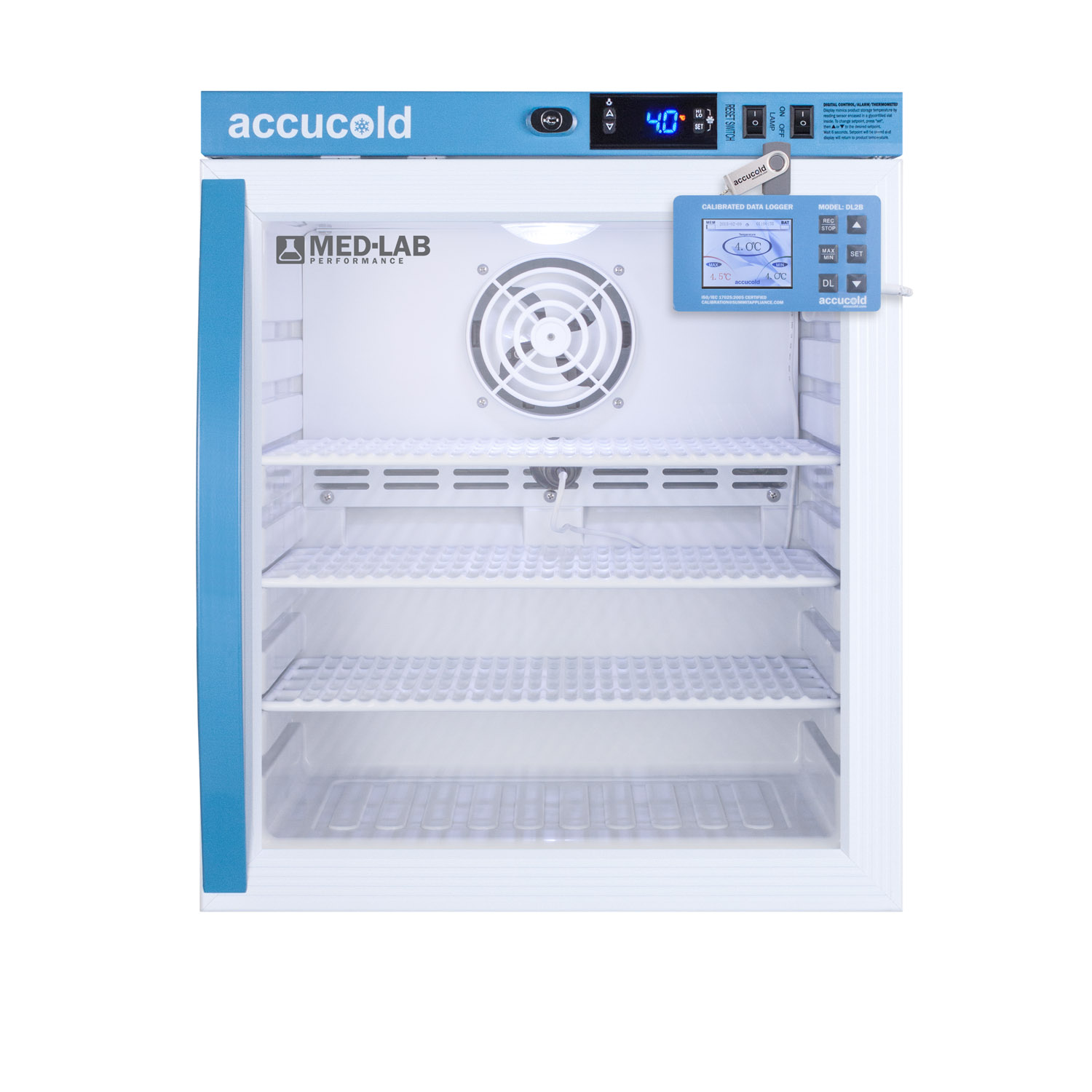 Performance series Med-Lab 1 cu.ft. compact glass door all-refrigerator for laboratory storage with factory-installed data logger, antimicrobial silver-ion handle, and hospital grade cord with 'green dot' plug